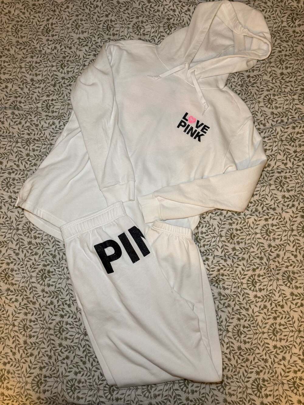 Victoria's Secret PINK White Sweat Set with Black and Pink Glitter Logo Size L